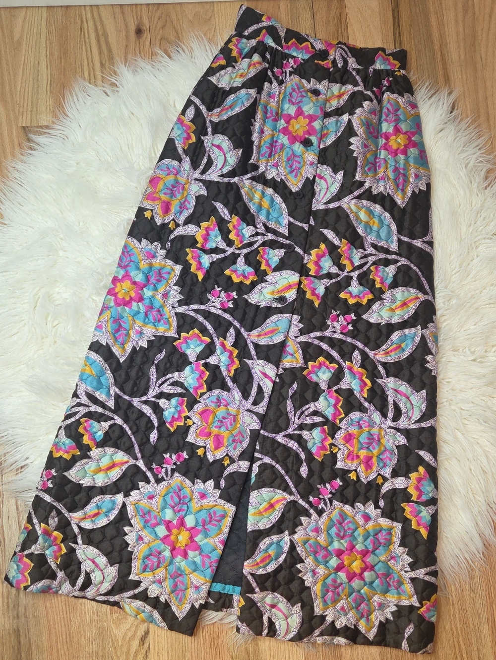 Boho Black Floral Highwaisted Maxi Skirt with Bright Multicolor Pattern Sz 00/XS